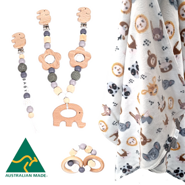 Out & About furry friends - minky blanket & wooden toy baby gift set